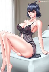 1girls ass bed bedroom big_ass big_breasts big_butt black_clothes black_clothing black_clover black_hair black_lingerie breasts feet female huge_breasts huge_butt kactzzu nero_(black_clover) red_eyes secre_swallowtail solo white_bed