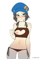 1girls atlus bikini blush brown_hair condylonucla embarrassed heart_cutout marie_(persona_4) persona persona_4 persona_4_the_golden small_breasts solo sweat