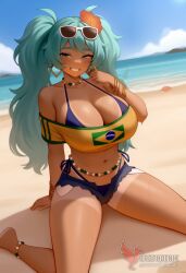 1girls 2d ai_generated aqua_hair ass barefoot big_ass big_breasts bikini bracelet brazilian_miku breasts dark-skinned_female earrings erophoenix eyewear_on_head feet female full_body grin hair_flower hair_ornament hatsune_miku huge_breasts jewelry kneeling long_hair looking_at_viewer looking_back nail_polish patreon_username shorts smile soles solo solo_female sunglasses swimsuit tan tellow_shirt thick thick_thighs toes uncensored vocaloid