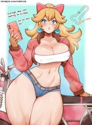 1girls cheekie0 cleavage dialogue female female_only huge_breasts mario_(series) nipple_bulge princess_peach revealing_clothes skimpy solo solo_female sweat text voluptuous