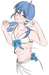 bikini blue_eyes blue_hair edmond_(nu:_carnival) erect_nipples femboy muscular muscular_femboy muscular_male nipples_visible_through_clothing peace_sign smiling smiling_at_viewer swimwear tagme