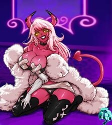 1girls 2025 7th-heaven bare_shoulders big_breasts choker cleavage demon demon_girl demon_horns female female_only fur_coat glowing_eyes grin grinning_at_viewer helluva_boss hi_res horns kneeling legwear long_hair looking_at_viewer narrowed_eyes pink_hair pink_skin smiling smiling_at_viewer solo succubus succubus_horns succubus_tail tail thick_thighs verosika_mayday_(helluva_boss) yellow_eyes