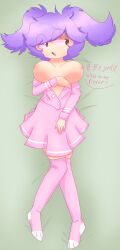 :3 bed body_pillow boobs_out cat_socks cute_face girlfriend girly green_bed_sheet pink pov sexy skirt smaller_female text young younger_female