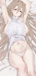1girls akane_(blue_archive) armpits artist_request bed big_breasts blue_archive female glasses underwear virgin_killer_sweater