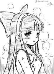 1girls artist_name breasts covering female female_only half-closed_eyes highres king_of_fighters long_hair looking_at_viewer monochrome nakoruru samurai_shodown sketch small_breasts smell snk solo sweat towel very_long_hair yumecan2
