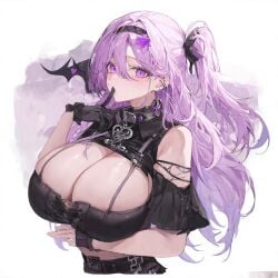 ai_generated bangs big_breasts black_clothing cleavage collar goth goth_girl hair_ornament huge_breasts original perchance_ai piercing purple_eyes purple_hair self_upload short_hair