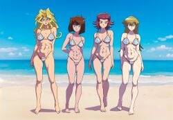 4girls abs akiza_izinski alexis_rhodes beach bikini female females furboz glitter hot konami mai_valentine multiple_girls navel_piercing sequin_bikini sexy tea_gardner toned_body toned_female yu-gi-oh!