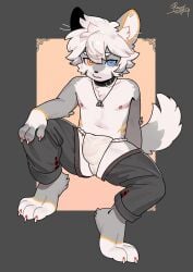 1boy animal_collar arm_at_side ass_visible_through_thighs border borrowed_character bright_pupils bulge closed_mouth collar colored_lineart commission covered_penis crotch_focus crotchless crotchless_pants dated digitigrade dog_boy double-parted_bangs flipped_hair full_body fundoshi furry grey_border grey_fur grey_pants hand_on_own_knee heterochromia highres invisible_chair japanese_clothes jewelry legs_apart looking_at_viewer lucky456852 male_focus male_underwear necklace nipples original outside_border pants pink_background short_hair signature sitting solo two-tone_tail underwear white_fur white_hair white_pupils yellow_fur