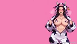ai_generated animal_costume animal_print areola_slip balecxi black_hair blush cow_costume cow_ears cow_horns cow_print cow_print_bikini female hoop_earrings jewelry large_breasts long_hair looking_at_viewer makeup marvel marvel_rivals micro_bikini navel pink_background print_bikini psylocke psylocke_(marvel_rivals) simple_background smile solo sweat swimsuit