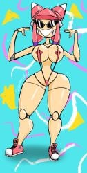 1girls bikini bimbo bimbofication breasts cyborg_chan_(scott_falco) dollification dollified female female_only huge_ass huge_breasts implied_transformation knick_knack original_character panties permanent_smile smile sneakers spidersvice stockings sunglasses sunnification thick_thighs thighs thin_waist transformation wide_hips