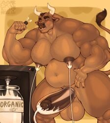 anthro balls belly biceps big_balls big_belly big_muscles big_pecs big_penis bodily_fluids bovid bovine brown_body brown_fur brown_hair cattle curved_horn deltoids erection eyebrows facial_piercing fur genitals hair hi_res horn hotdogsauau huge_balls huge_belly huge_cock huge_muscles humanoid_genitalia humanoid_penis lactating machine male male/male male_lactation mammal milking_machine milking_machine_on_male muscle_tone musclegut muscular muscular_anthro muscular_male narrowed_eyes navel nipples nose_piercing nose_ring nude pecs penis piercing ring_piercing septum_piercing septum_ring simple_background solo trapezius triceps yellow_background