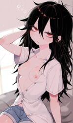 1girls ai ai_generated bare_breasts bed bedroom black_hair blush breasts cute dark_hair female female_focus female_only hi_res high_quality high_resolution highres long_hair medium_breasts naked naked_female nipples nsfw nude nude_female oc pixai red_eyes shirt small_breasts solo solo_female unbuttoned unbuttoned_shirt wbobble