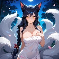 1girls absurd_res ahri ahri_(league_of_legends) ai_generated black_hair blush braid braided_hair clothed clothing female female_focus female_only fox_girl fox_tail hot_spring kitsune league_of_legends night open_shoulders shoulders shrine smile smiling smiling_at_viewer stable_diffusion thick_thighs thighs towel towel_only yellow_eyes