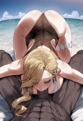 1boy 1girls ai_generated ass ass_up azur_lane big_breasts blonde_hair blowjob blue_eyes breasts dark-skinned_male fellatio female female_focus hips hood_(azur_lane) huge_ass huge_breasts huge_cock large_breasts light-skinned_female mature_female milf sunglasses swimsuit thick_thighs thighs wide_hips