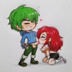 1boy 1girls 2humans ai_generated blowjob clothed clothed_female clothed_male color colored female flaky_(htf) fliqpy_(htf) gijinka green_hair happy_tree_friends heart human_female human_male humanized male male/female mondo_media naked_female one_eye_closed one_eye_open oral oral_sex penis penis_in_mouth red_hair sex straight straight_sex white_background