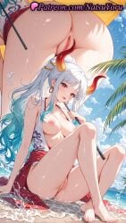1girls 2025 ai_generated anus ass barefoot beach breasts clothing curled_horns earrings feet female female_only hair_ornament hair_stick hi_res highres holding hoop_earrings horns japanese_clothes jewelry kimono knees_up legs long_hair looking_at_viewer multicolored_horns multiple_views natsuyoru nipples one_piece one_piece:_egghead_arc open_mouth outdoors patreon pussy red_eyes red_horns sitting sky smile solo toes umbrella uncensored vagina voluptuous voluptuous_female water wet white_hair yamato_(one_piece)