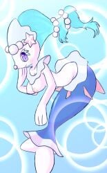 abstract_background anthro blue_background blue_hair breasts bunnag female fish hair hi_res looking_at_viewer nintendo nipples pokémon_(species) pokemon primarina purple_eyes simple_background solo video_games