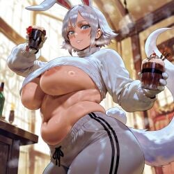 ai_generated big_ass big_breasts bigbizarts bunny_ears bunny_girl bunny_tail chubby_female curvaceous_female fluffy_tail hourglass_figure original_character sweater sweatpants white_hair
