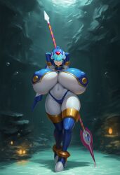 1girls ai_generated android bodysuit capcom fairy_leviathan female full_body helmet huge_breasts mega_man mega_man_zero solo thick_thighs underwater weapon