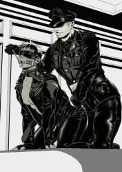 2boys all_fours ball_gag black_and_white blindfold blindfolded bondage chain_pull denkishingoh dominant_male leather_clothing male male_only open_shirt original original_characters size_difference submissive_male sweat tagme yaoi