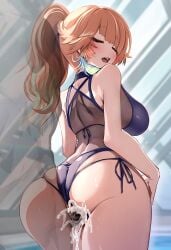 1boy ass breasts closed_eyes clothing_aside cum cum_in_pussy earrings feather_earrings feathers female from_behind high_ponytail highres hololive hololive_english jewelry kajimakoto large_breasts looking_back official_alternate_costume official_alternate_hairstyle one-piece_swimsuit open_mouth orange_eyes perfume_(takanashi_kiara) ponytail see-through_clothes sex sex_from_behind solo_focus swimsuit swimsuit_aside takanashi_kiara vaginal_penetration virtual_youtuber