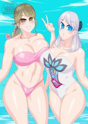 2girls amane_sachika big_breasts bikini blue_eyes breasts female kamen_rider kamen_rider_gavv_(series) one-piece_swimsuit otokam1117 pink_bikini smile swimsuit tagme tagme_(character) thighs tokusatsu voluptuous voluptuous_female white_hair