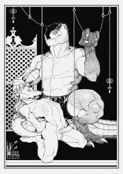 big_dom_small_sub bondage bondage bound canid canine dinosaur dominant hi_res hook mammal monochrome predicament prehistoric_species reptile scalie size_difference text torture url