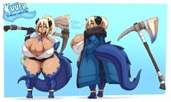 1female 1girls big_breasts big_thighs blue_arms blue_legs blue_tail bracelet bracelets breasts breasts_bigger_than_head breasts_squeeze character_name clothed clothing curvaceous curvy curvy_figure dragon_girl dragon_horns dragon_humanoid dragon_legs dragon_tail female female_focus hand_on_hip height_difference huge_breasts humanoid large_breasts oc original original_character solo_female text the_yeager theyeager visible_areolae yellow_eyes