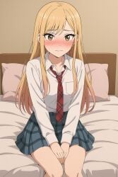 anime anime_girl bed blonde_hair breasts breats girl hands marin my_dress_up_darling school_uniform slave slave_girl white_girl yellow_eyes yellow_hair