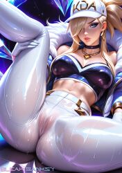 ai_generated akali bleak_banksy blonde_hair blue_eyes female hat k/da_akali k/da_all_out_series league_of_legends legs_apart necklace solo_female sweat thick_thighs tight_clothes wet_clothes wet_pussy