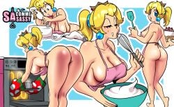 1girls alternate_breast_size apron ass baking bending_over big_lips bimbo_lips blonde_hair blue_background blue_eyes bottomless breasts cooking crown female female_only food large_breasts leaning_forward long_hair looking_at_viewer looking_back lying mario_(series) multiple_images multiple_views naked_apron nintendo nude_apron on_stomach pink_lips pink_lipstick ponytail princess_peach sasatseng simple_background solo standing thick_lips tied_hair underboob white_border