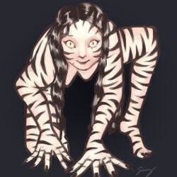 1:1 1girls black_and_white_body black_background black_hair black_lipstick black_nails butchseiya completely_nude_female crouching female female_only hi_res humanoid long_hair looking_at_viewer monster_girl no_nipples no_sex nude nude_female pale-skinned_female pale_skin parahumans png solo striped_body supervillain supervillainess the_siberian tiger_stripes wide_eyed wildbow worm_(web_series) yellow_eyes