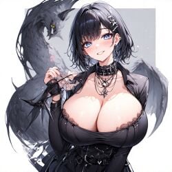 ai_generated bangs big_breasts black_clothing black_hair black_nails blue_eyes cleavage collar goth goth_girl hair_ornament huge_breasts original perchance_ai piercing self_upload short_hair