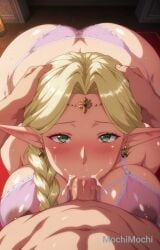 1boy 1boy1girl 1girls ai ai_generated big_breasts blonde_hair blowjob braided_hair cleavage cum cum_in_mouth dark_nipples deepthroat ear_piercing elf elf_ears ephildis_agraliel fellatio female green_eyes hand_on_another's_head hand_on_head head_grab huge_breasts kyonyuu_elf_oyako_saimin lingerie looking_at_viewer male mature mature_female milf oral ornament pink_lingerie pov