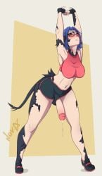 au_ra blushing cammy_stretch embarrassed exposed_penis final_fantasy_xiv futa_only futanari glasses gym_clothes leaking leaking_precum lynette_bishop(final_fantasy_xiv) oc poking_out precum stretching tail xaela