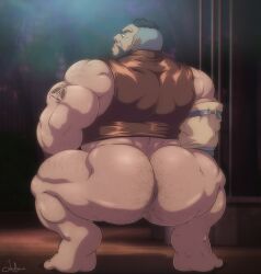 ass bara barret_wallace body_hair bottomless facial_hair final_fantasy final_fantasy_vii funeral-paws male male_only muscles muscular pantsless solo solo_male square_enix squatting
