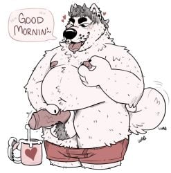 1:1 ambiguous_gender anthro ball_tuft balls blush bodily_fluids campfire_donut canid canine claws clothed clothing coffee_mug cum cum_in_a_cup cumshot dialogue duo ear_piercing ear_ring ejaculation english_text faceless_character fur furry furry_only genital_fluids genitals hair heart hi_res holding_mug jewelry male male_only mammal masturbation mostly_offscreen_character mug nipple_fetish nipple_pinch nipple_play nipples one_eye_closed onomatopoeia overweight overweight_anthro overweight_male partially_clothed pawpads penile penile_masturbation piercing pinch saliva simple_background solo_focus sound_effects speech_bubble tail tail_motion tailwag text tongue tongue_out tuft underwear underwear_down