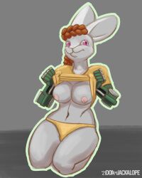 amputee anthro breasts clothed clothing clothing_lift disability doathejackalope female flashing hi_res lagomorph leporid mammal nude panties prosthetic prosthetic_arm prosthetic_limb rabbit shirt shirt_lift solo topwear underwear