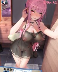 1girls absurdres bar_censor black_negligee blush breasts censored cleavage collarbone covered_nipples earrings female groin highres holding holding_pen hololive hololive_english hololive_myth jewelry large_breasts long_hair looking_at_viewer ma_azi mori_calliope no_panties open_mouth pen pink_eyes pink_hair see-through skull_earrings solo solo_focus takanashi_kiara thighs virtual_youtuber