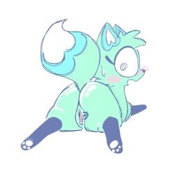 1:1 ass blush bodily_fluids canid canine chikn_nuggit detailed_background female feral fox genitals hi_res mammal pussy shocked simple_background slushi_(chikn_nuggit) solo spread_pussy spreading sweat sweatdrop