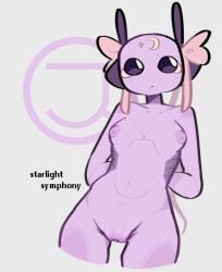 1girls antennae_(anatomy) blush bow bow_ribbon cleavage facial_markings female female_focus female_only hands_behind_back iterator_(rain_world) mechanical naked_female nipples oc original_character purple_body pussy rain_world ribbon robot robot_girl robot_humanoid robot_joints shy staring thigh_gap thighs