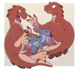 alien anal anal_sex anthro balls blue_body blue_fur claws cloacal_penis dinosaur disney erection experiment_(lilo_and_stitch) fellatio fur genitals group group_sex hi_res humanoid_genitalia humanoid_penis lilo_and_stitch male male/male oral penetration penile penile_penetration penis penis_in_ass penis_in_mouth prehistoric_species reptile scalie sex spitroast stitch_(lilo_and_stitch) tbid threesome tongue_out_blowjob trio