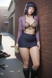 ai_generated alley alleyway black_boots black_fingernails black_panties black_socks dark_blue_skirt earrings female fishnet_bra hooker hyuuga_hinata money naruto naruto_(series) naruto_shippuden prostitute prostitution purple_hair purple_jacket