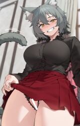 absurdres animal_ear_fluff animal_ears bar_censor black_ribbon black_shirt blush breasts cat_ears cat_girl cat_tail censored clothes_lift collared_shirt commentary_request commission cowboy_shot crotchless crotchless_panties female gradient_hair grey_hair grin hair_between_eyes hair_ribbon highres jjune korean_commentary large_breasts lingerie long_hair looking_at_viewer low_twintails multicolored_hair open_mouth original panties pink_hair pixiv_commission pleated_skirt red_skirt ribbon second-party_source shirt skirt skirt_lift smile solo tail teeth thighs twintails underwear yellow_eyes