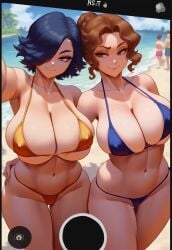 2girls ai_generated athletic_female attractive beach beautiful covered_nipples curvy cute exposed_navel female_only freckles gigantic_breasts grabbing_ass hi_res highres huge_breasts huge_hips impossible_fit micro_bikini narrow_waist novelai overflowing_breasts selfie smirk taking_selfie thick_eyelashes thick_hips thick_thighs voluptuous_female youreyesonly