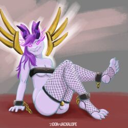 1futa anthro antlers ass balls chains chastity_cage chastity_device clothing cuff_(restraint) dark-skinned_futanari demon demon_humanoid doathejackalope fishnet fishnet_legwear futa_only futanari gold_(metal) gold_jewelry hi_res horn humanoid intersex jackalope jewelry lagomorph legwear mammal nonbinary penis restraints shackles small_balls small_penis solo transfem wings