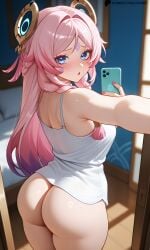 :o ai_assisted ai_generated ass ass_focus blue_eyes blushed blushed_face bottomless citlali_(genshin_impact) female from_behind high_resolution hoyoverse huge_ass lay-oreo lips looking_at_viewer medium_breasts mihoyo mihoyo_technology_(shanghai)_co._ltd. mirror mirror_selfie pink_hair seductive seductive_smile selfie shy solo solo_female solo_focus tagme taking_selfie thick_thighs thighs