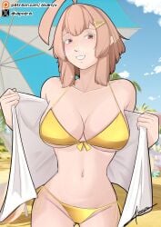 1girls 2d_(artwork) akapoera beach beach_towel brown_hair digital_drawing_(artwork) digital_media_(artwork) female female_focus female_only glasses gold_bikini golden_bikini looking_at_viewer louka_(akapoera) patreon_logo patreon_username public showing_off showing_teeth twitter_link twitter_username umbrella watermark