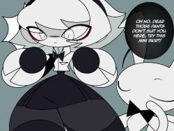 clothes_changed comic_panel demon_single dialogue femboy hourglass_figure male monkey original_character sfw skirt sleepy_headx3_(artist) wanta_(sleepy_headx3) wide_hips