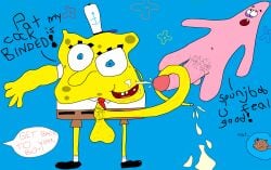 2boys cum cum_on_body english_text facial highres male_focus male_pubic_hair multiple_boys off-topic patrick_star pubic_hair speech_bubble spongebob_squarepants spongebob_squarepants_(character) testicles wtf yaoi